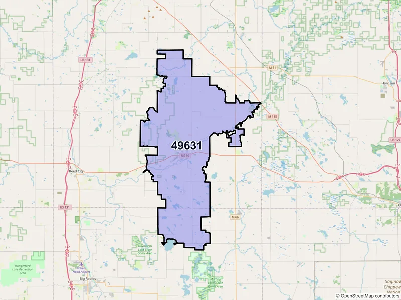 Map of ZIP Code 49631 — Evart, MI