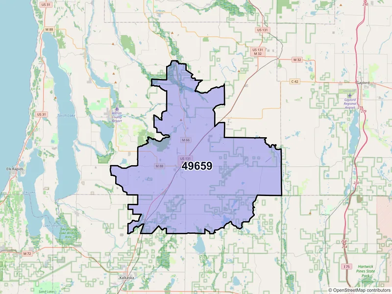 Map of ZIP Code 49659 — Mancelona, MI