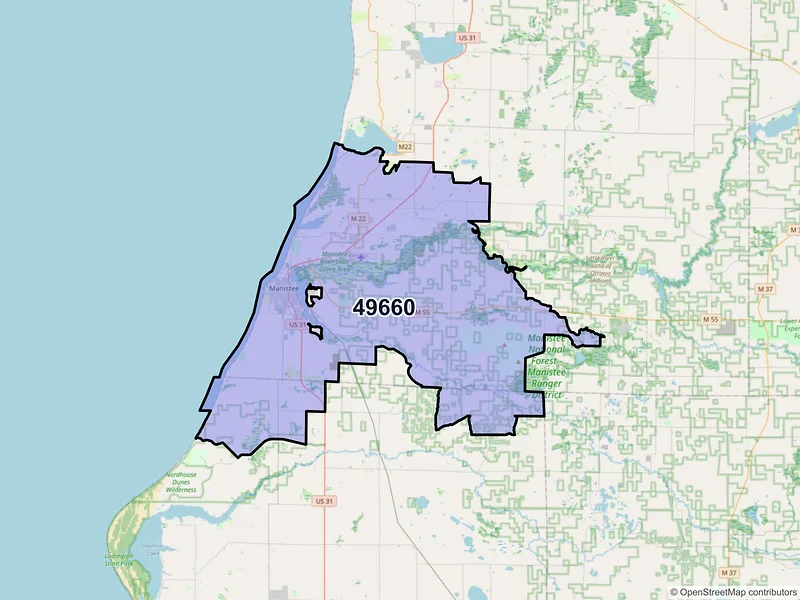 Map of Manistee, Michigan and ZIP codes