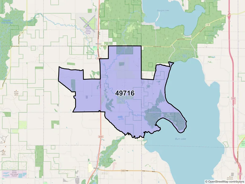 Map of ZIP Code 49716 — Brutus, MI