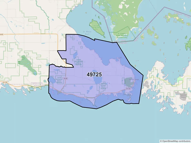 Map of ZIP Code 49725 — De Tour Village, MI