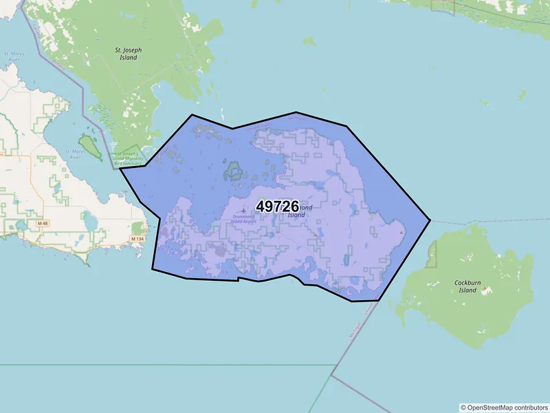 Map of Drummond Island, Michigan and ZIP codes