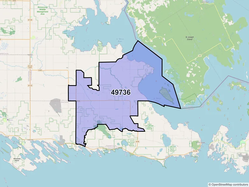 Map of Goetzville, Michigan and ZIP codes