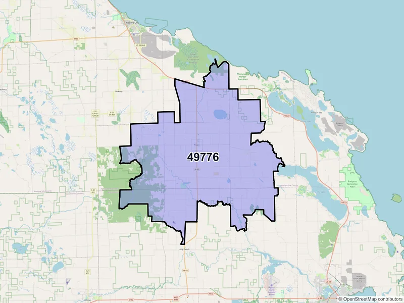 Map of ZIP Code 49776 — Posen, MI