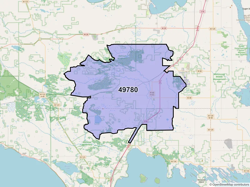 Map of Rudyard, Michigan and ZIP codes
