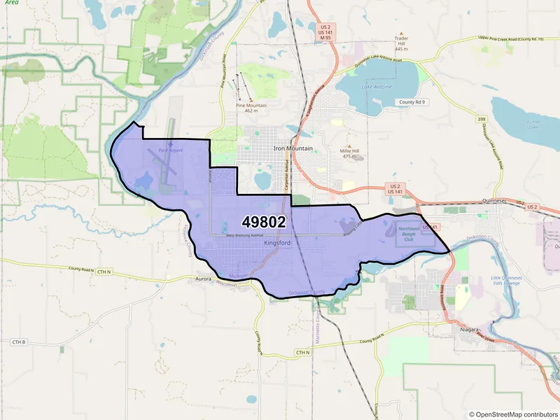 Map of ZIP Code 49802 — Kingsford, MI