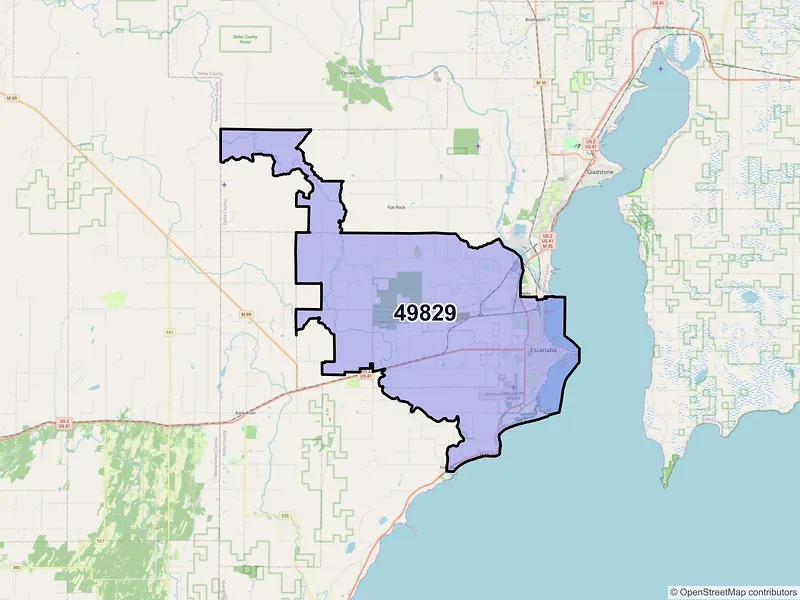 Map of Escanaba, Michigan and ZIP codes