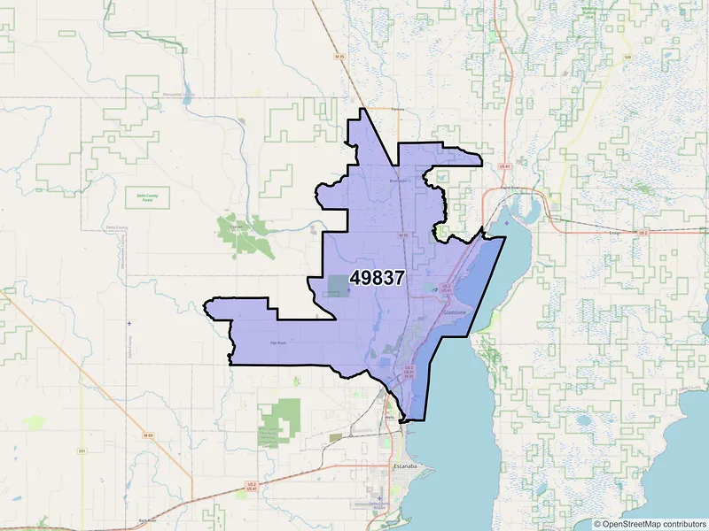 Map of ZIP Code 49837 — Gladstone, MI