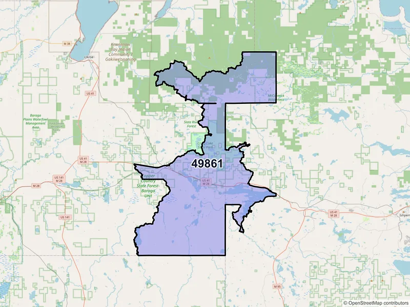 Map of Michigamme, Michigan and ZIP codes