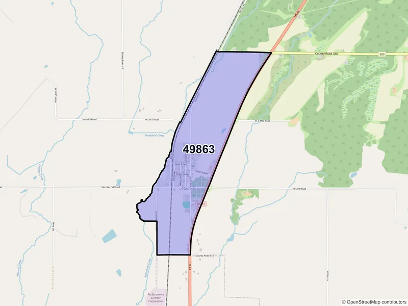 Map of Nadeau, Michigan and ZIP codes
