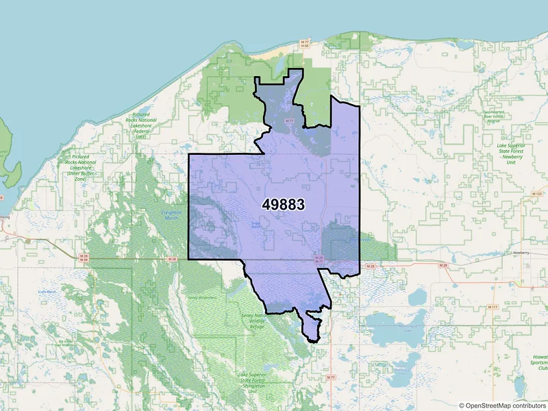 Map of ZIP Code 49883 — Seney, MI
