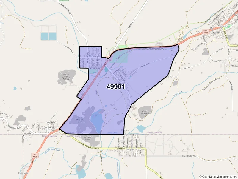 Map of Ahmeek, Michigan and ZIP codes