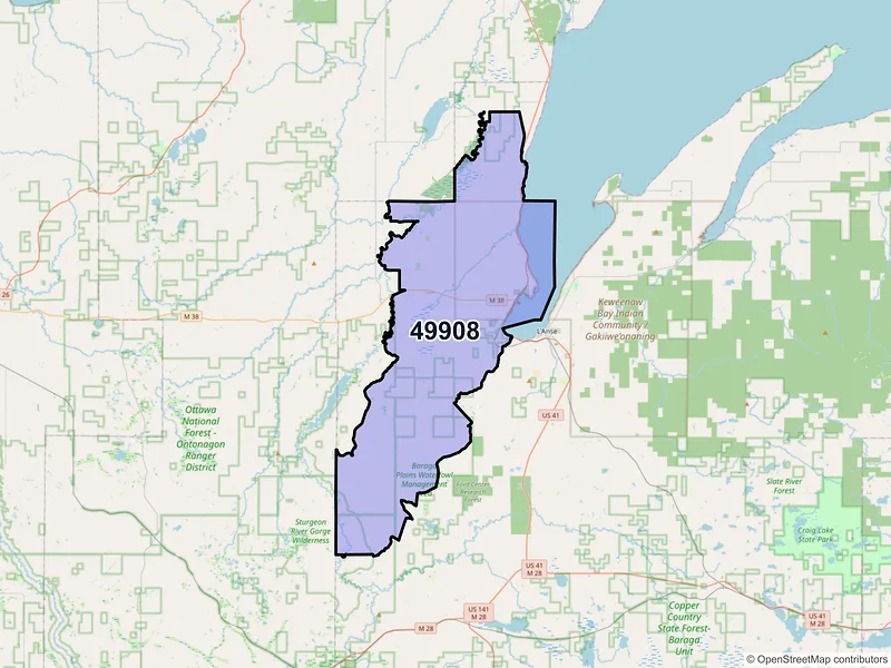 Map of ZIP Code 49908 — Baraga, MI