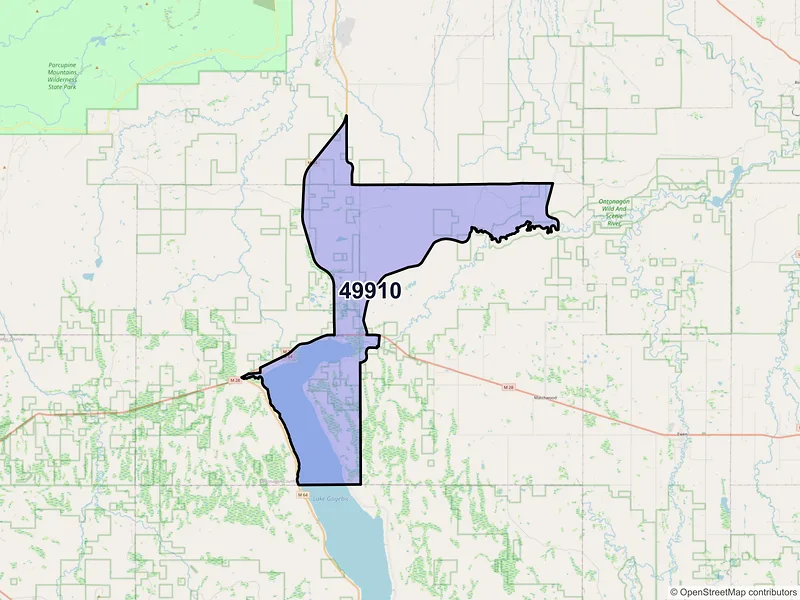 Map of Bergland, Michigan and ZIP codes