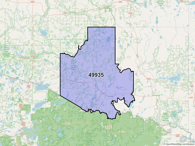 Map of Iron River, Michigan and ZIP codes