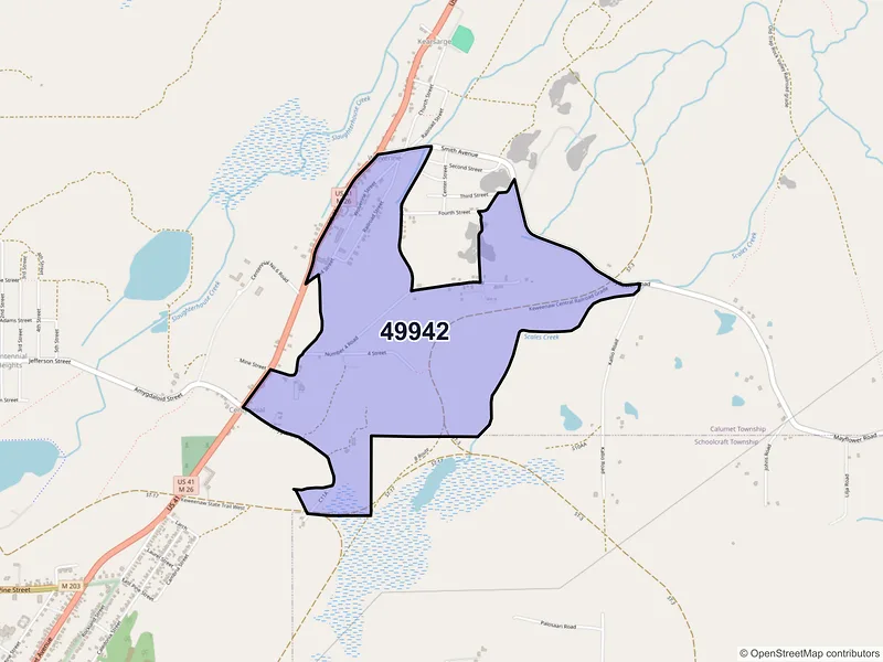 Map of Kearsarge, Michigan and ZIP codes