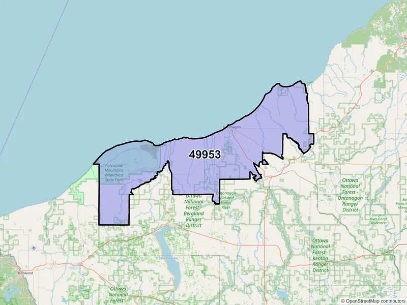 Map of Ontonagon, Michigan and ZIP codes