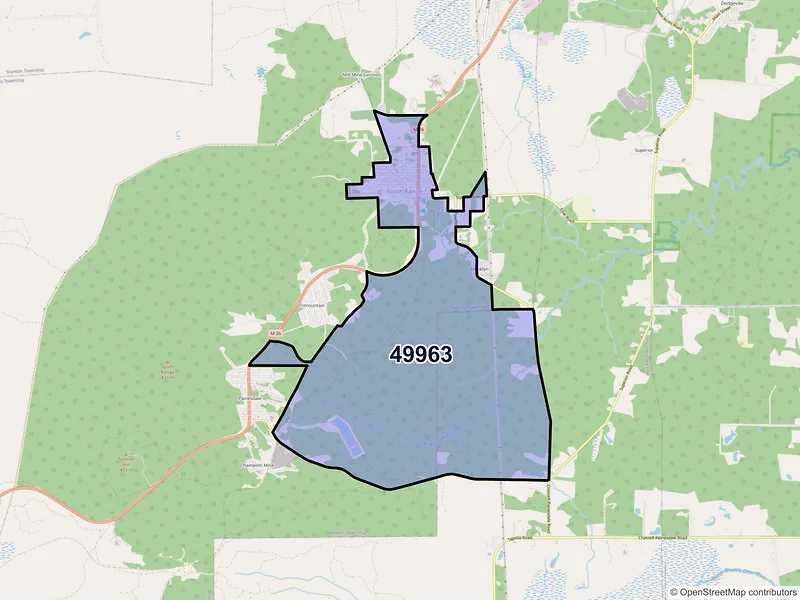Map of South Range, Michigan and ZIP codes