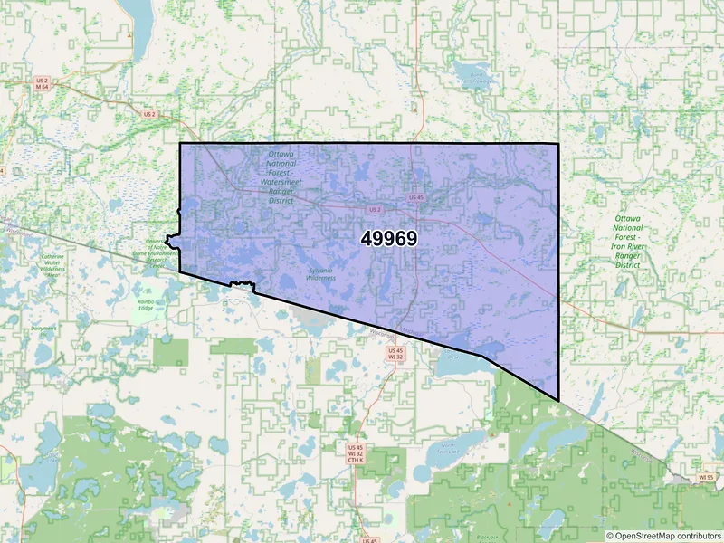 Map of Watersmeet, Michigan and ZIP codes