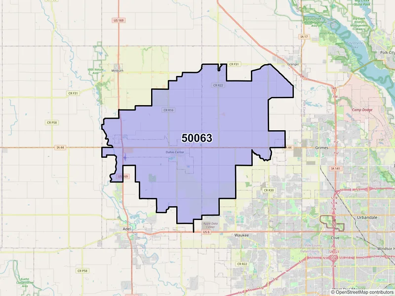Map of Dallas Center, Iowa and ZIP codes