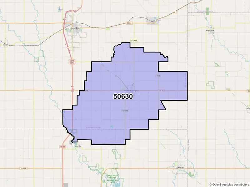 Map of ZIP Code 50630 — Fredericksburg, IA