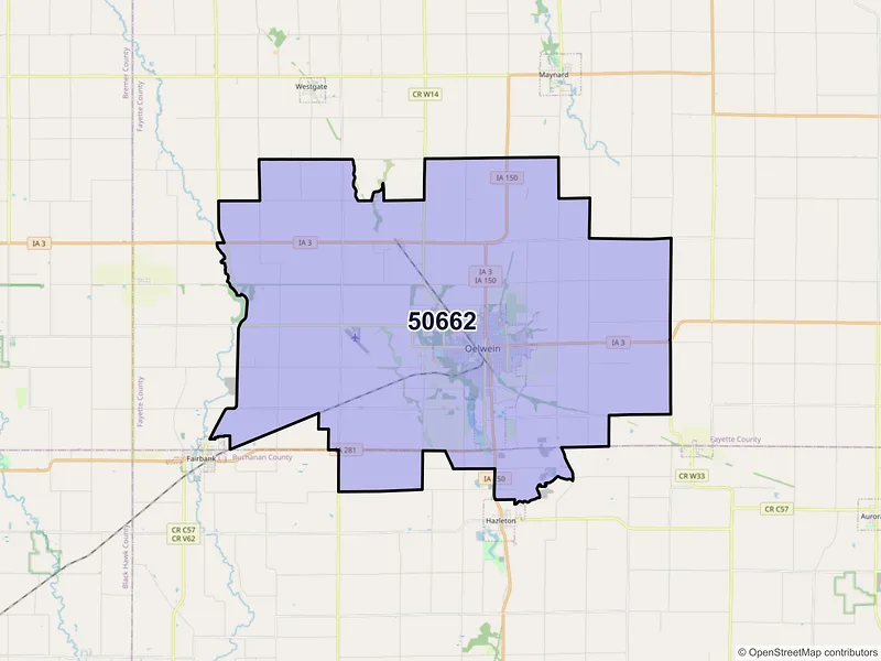 Map of Oelwein, Iowa and ZIP codes