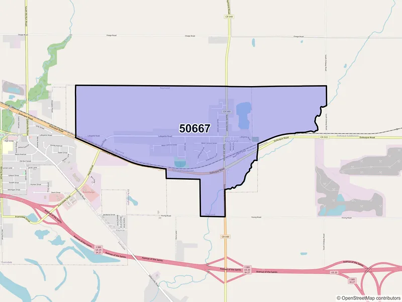 Map of Raymond, Iowa and ZIP codes