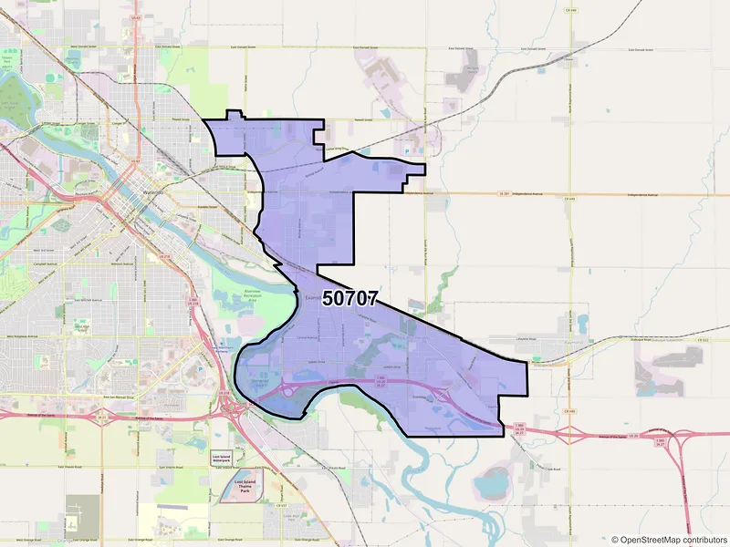 Map of ZIP Code 50707 — Evansdale, IA