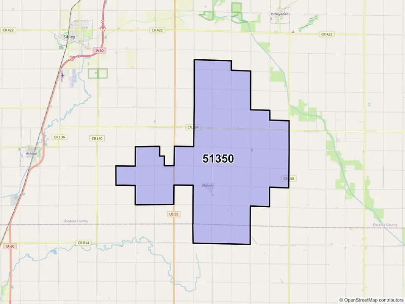 Map of Melvin, Iowa and ZIP codes