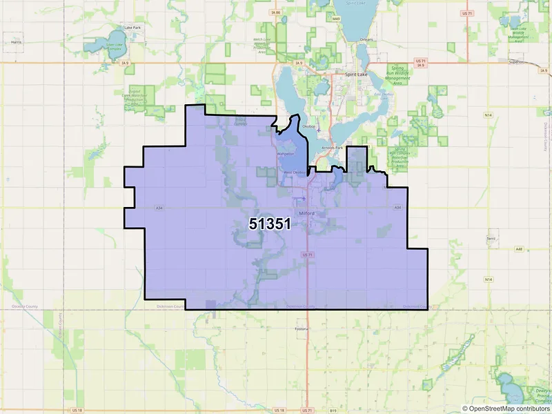 Map of ZIP Code 51351 — Milford, IA