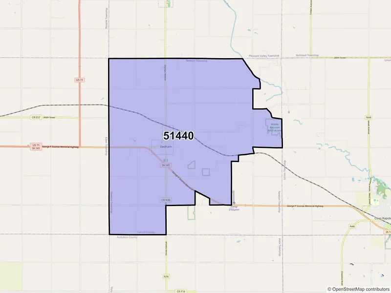 Map of Dedham, Iowa and ZIP codes