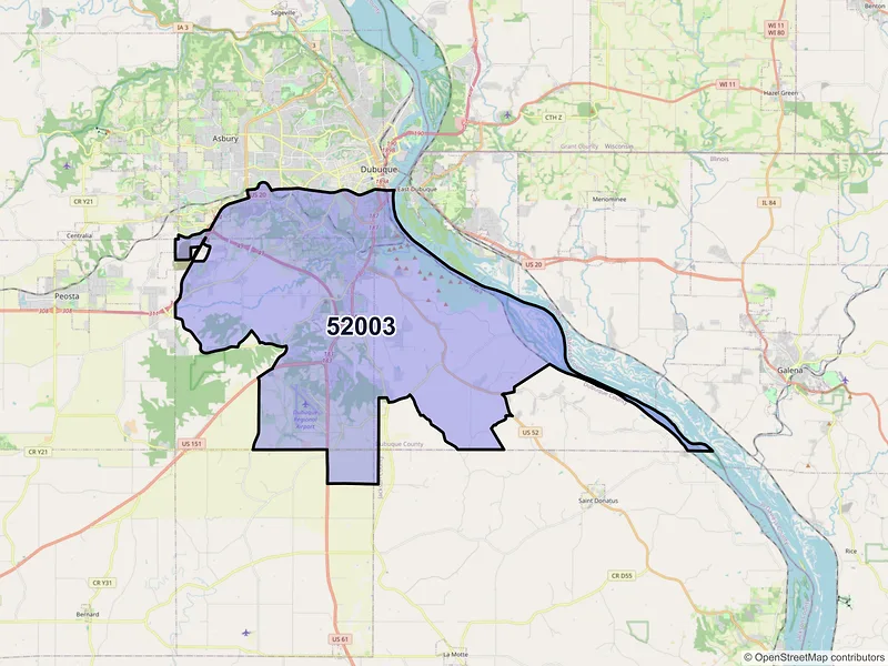 Map of ZIP Code 52003 — Dubuque, IA