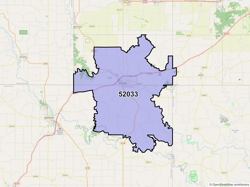 Map of ZIP Code 52033 — Cascade, IA