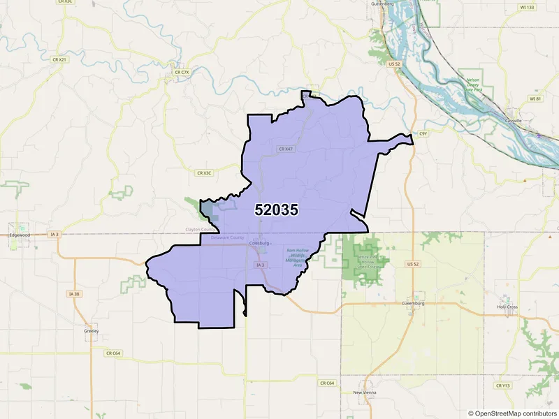 Map of Colesburg, Iowa and ZIP codes