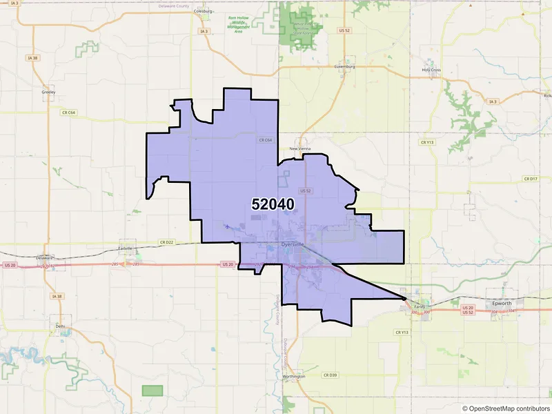 Map of ZIP Code 52040 — Dyersville, IA