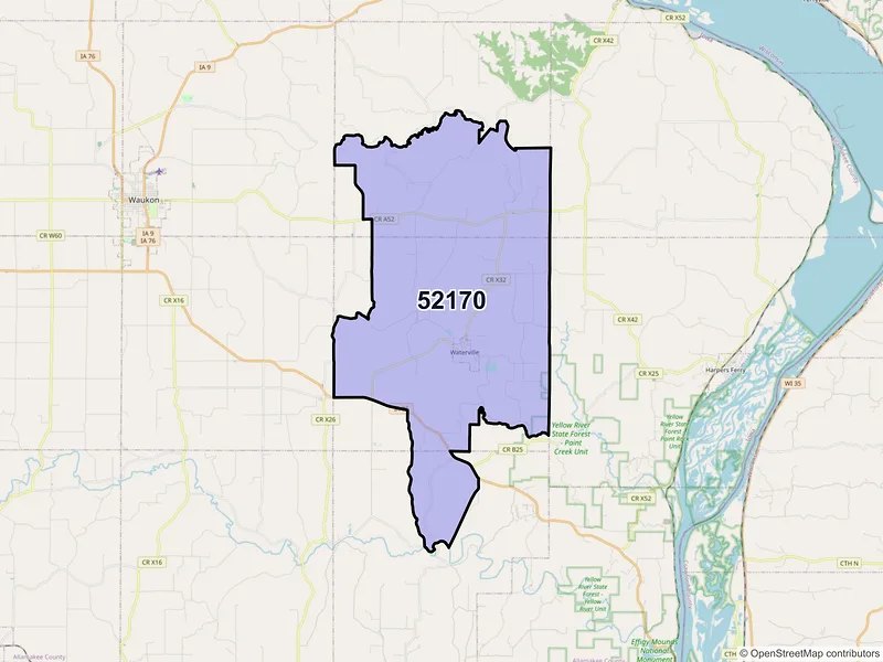 Map of ZIP Code 52170 — Waterville, IA