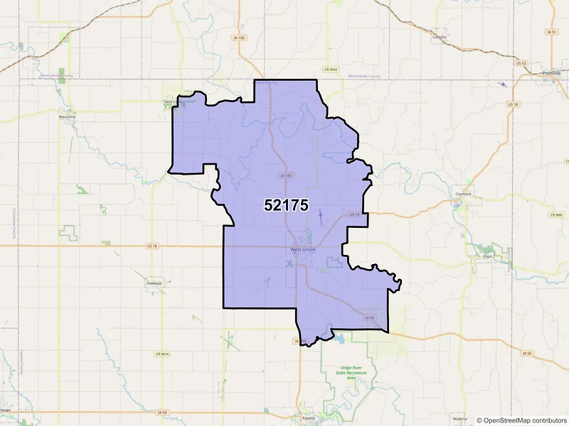 Map of ZIP Code 52175 — West Union, IA