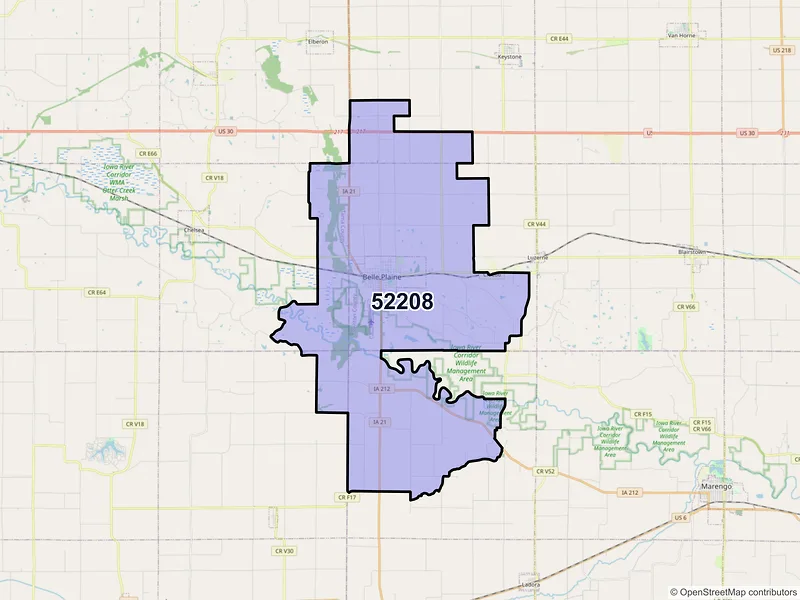 Map of Belle Plaine, Iowa and ZIP codes