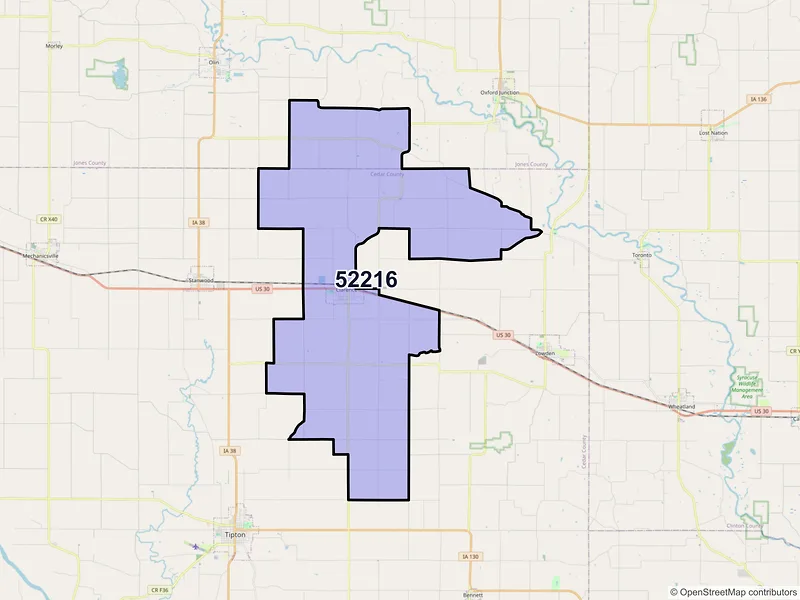 Map of ZIP Code 52216 — Clarence, IA