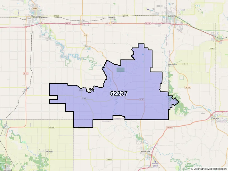 Map of Hopkinton, Iowa and ZIP codes