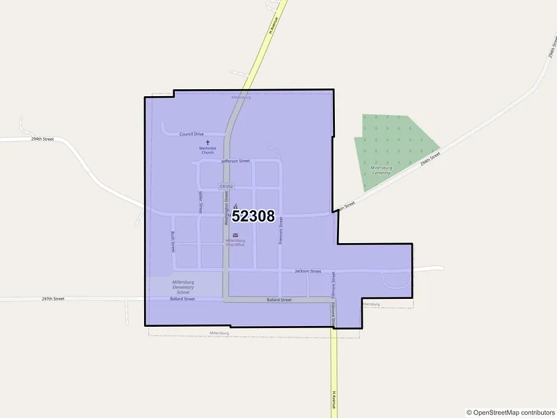 Map of Millersburg, Iowa and ZIP codes