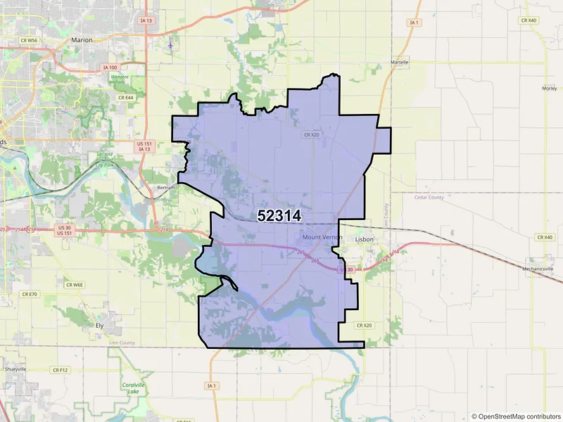 Map of Mount Vernon, Iowa and ZIP codes