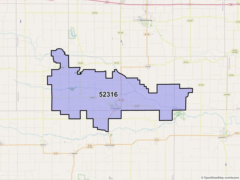 Map of North English, Iowa and ZIP codes