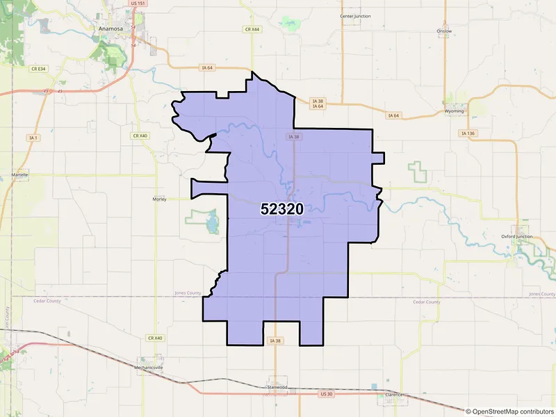 Map of ZIP Code 52320 — Olin, IA