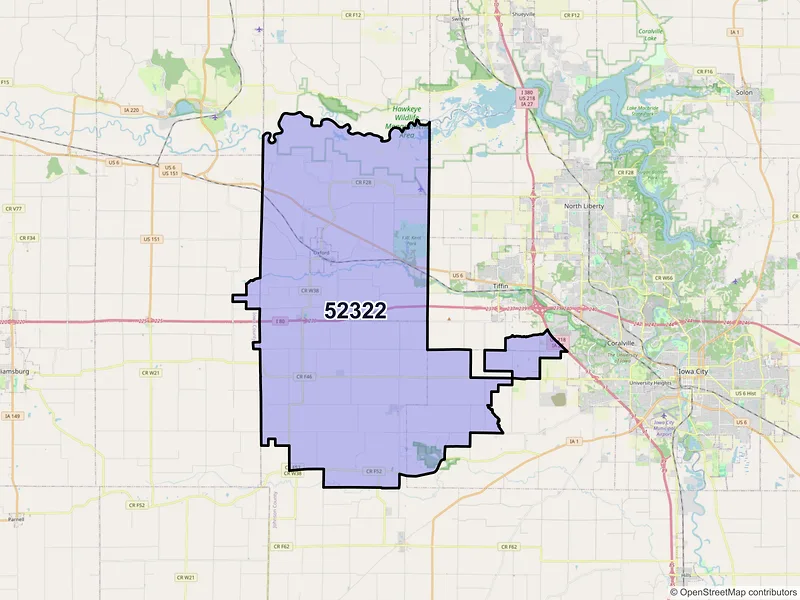 Map of Oxford, Iowa and ZIP codes