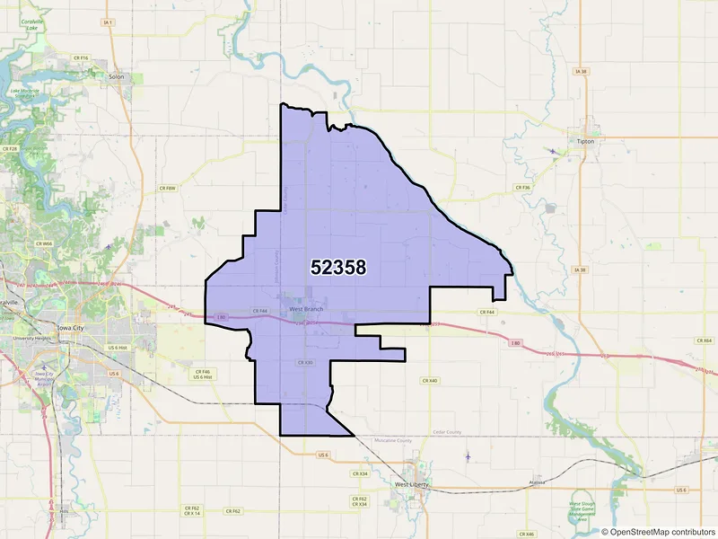 Map of West Branch, Iowa and ZIP codes