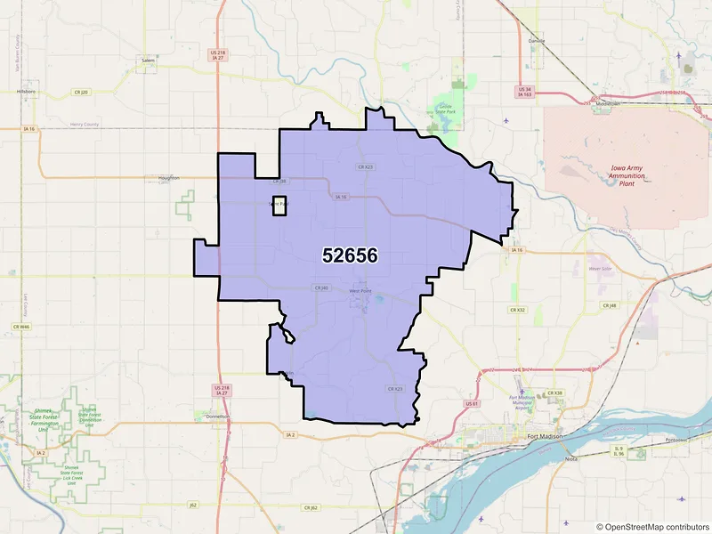 Map of West Point, Iowa and ZIP codes