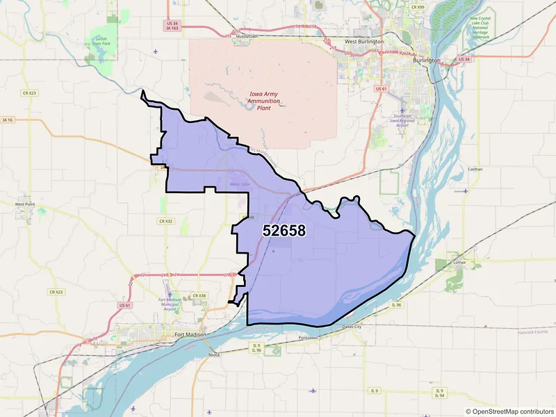Map of ZIP Code 52658 — Wever, IA