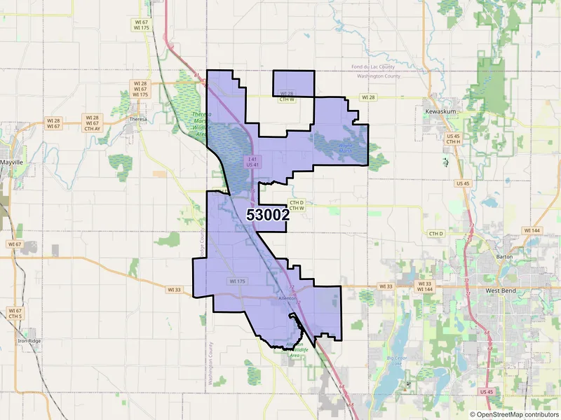Map of Allenton, Wisconsin and ZIP codes
