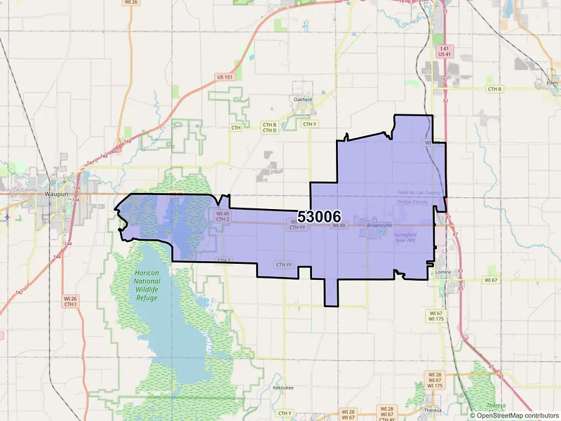 Map of Brownsville, Wisconsin and ZIP codes